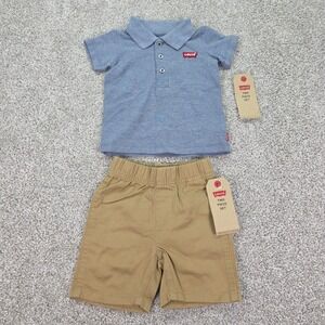 New Levis Baby Boys 2 Piece Polo Shirt and Shorts Set Blue Khaki 12M